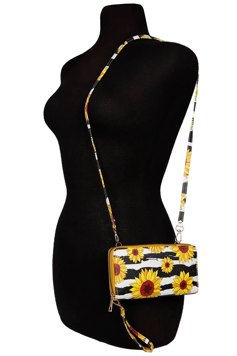 Cap Zone – wholesale Wallet – Women's – Sunflower Single Zipper Crossbody Strap Continental Wallet11