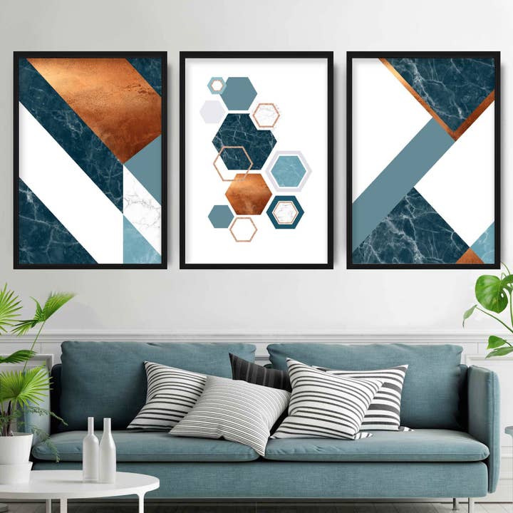GEOMETRISK sæt med 3 marineblå orange og guld kunsttryk for engroshandel hos Artze Wall Art