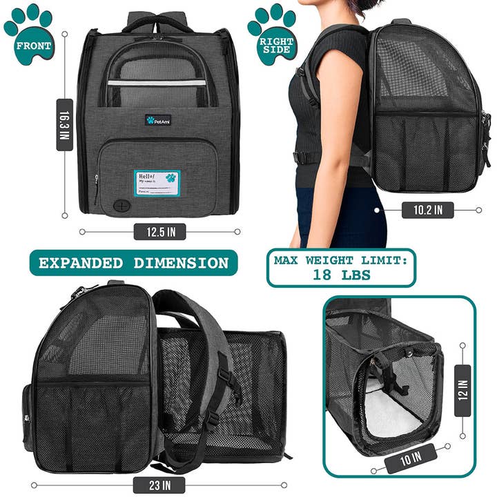 PetAmi - Wholesale Pet Carrier - Cat/Dog - Expandable 3-Way Entry Pet Carrier Backpack