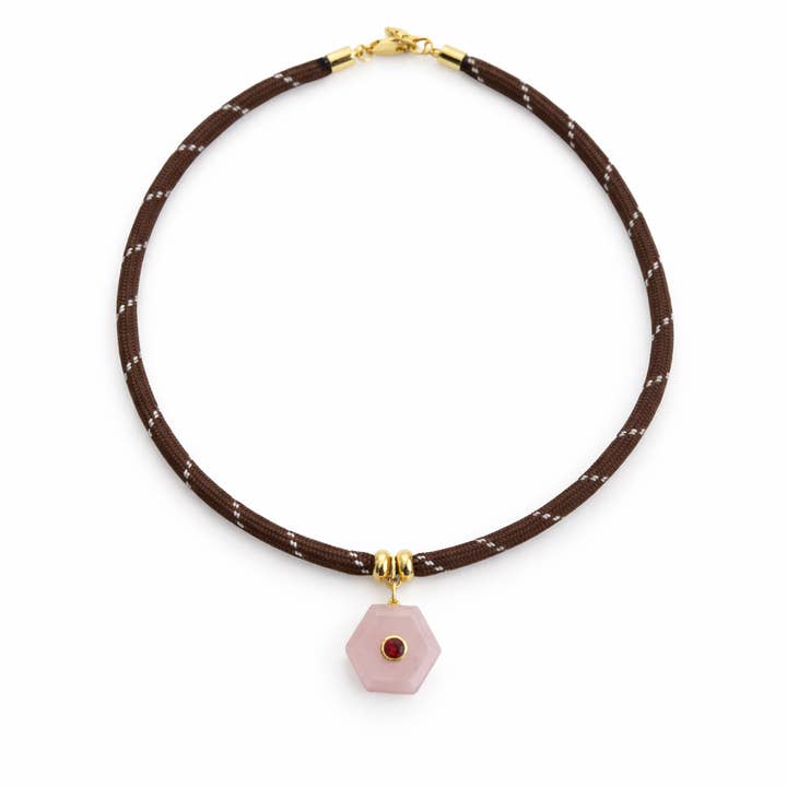 Collana a Corda con Esagono in Quarzo Rosa per la vendita all'ingrosso da parte di LB Beadz