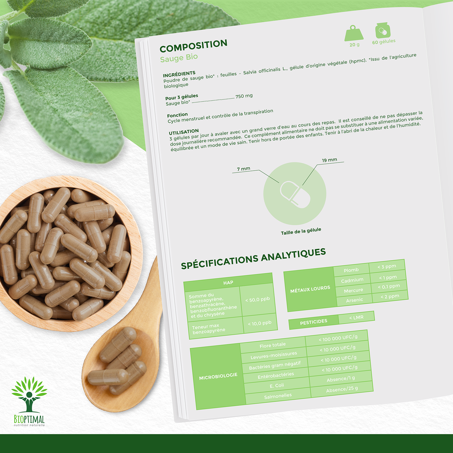 Bioptimal – Suplemento/vitamina oral por atacado – Sage biológico - Suplemento alimentar - em cápsulas7