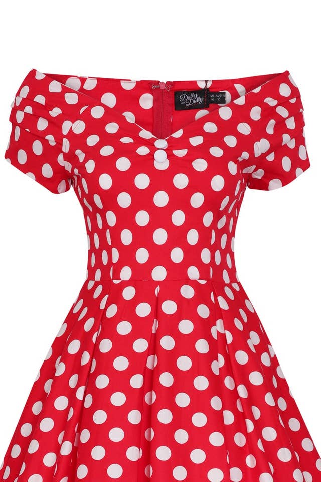 Dolly & Dotty – Vestido - Mulher por atacado – Vestido vintage rodado em vermelho com bolinhas brancas7