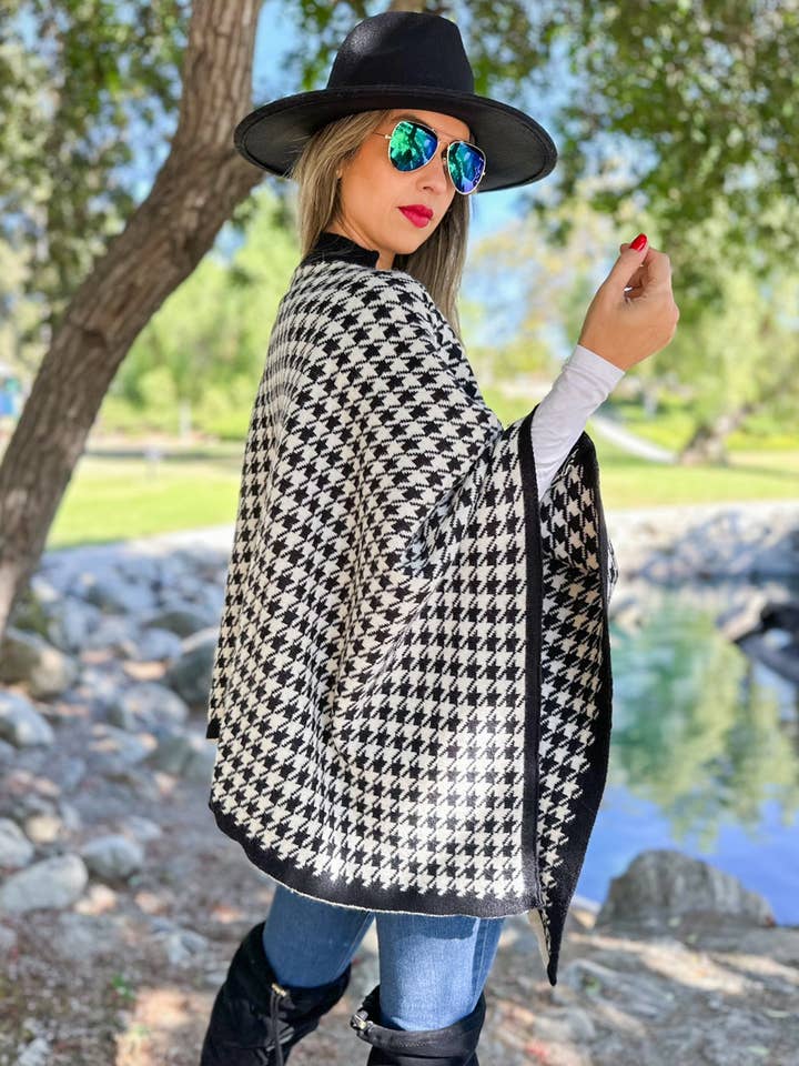 Classic Black and White Houndstooth Knit Poncho for wholesale on Faire6