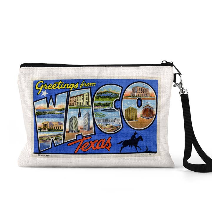 Waco Texas Postcard Wristlet Zipper Pouch Makeup Bag for wholesale by Daisy Mae Designs
