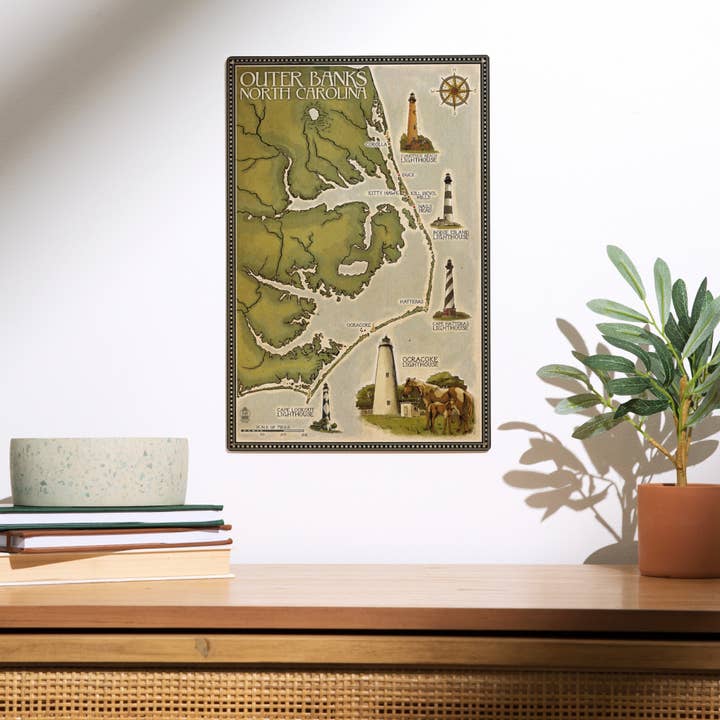 Lantern Press - Wholesale Wood Wall Art - WOOD SIGN ART Outer Banks, North Carolina Lighthouse Map1
