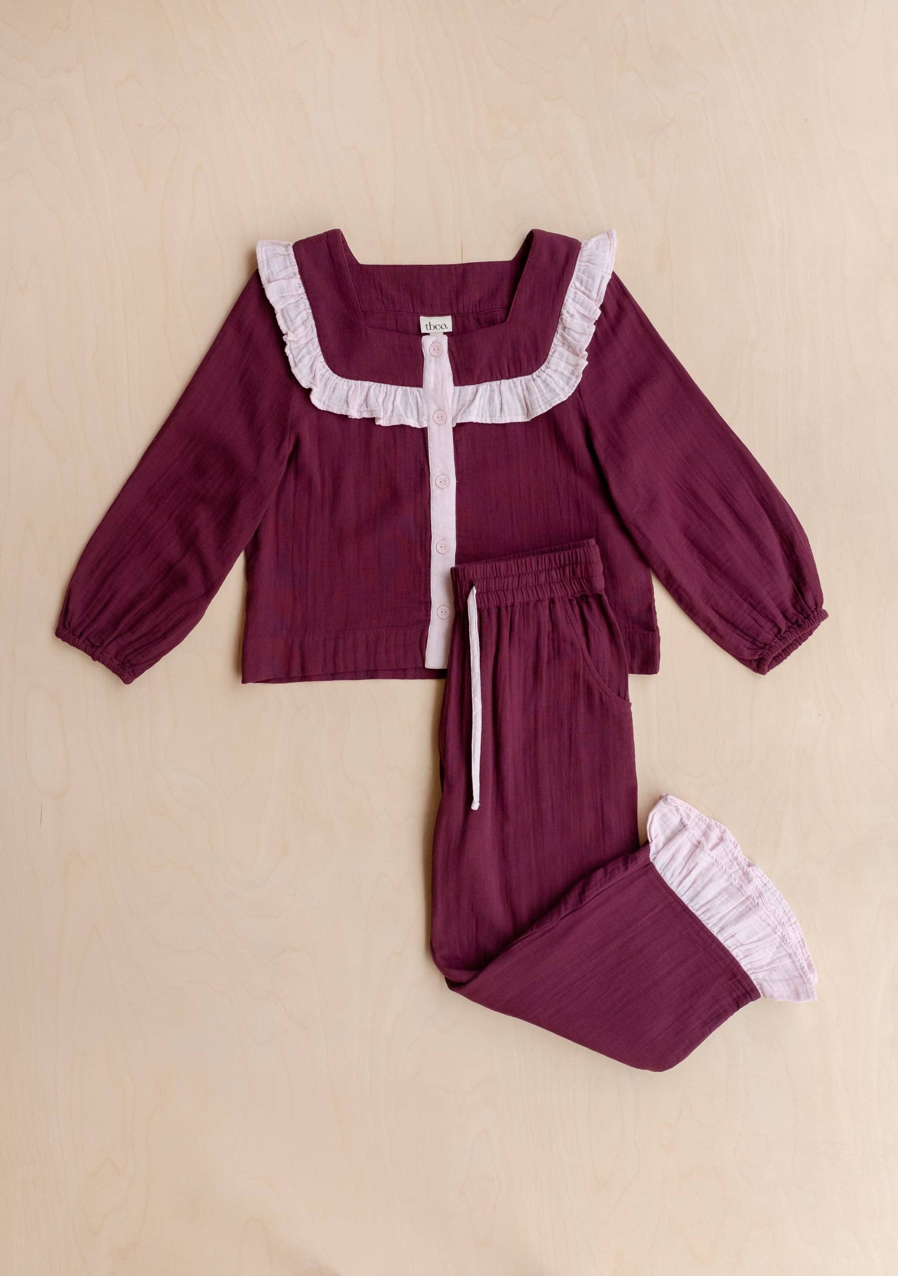 TBCo – wholesale Sleepwear set – Women's – Cropped Cotton Pyjamas in Burgundy Ruffle5