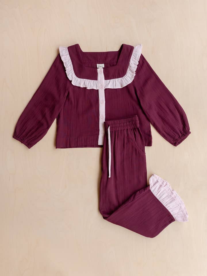 TBCo – wholesale Sleepwear set – Women's – Cropped Cotton Pyjamas in Burgundy Ruffle5