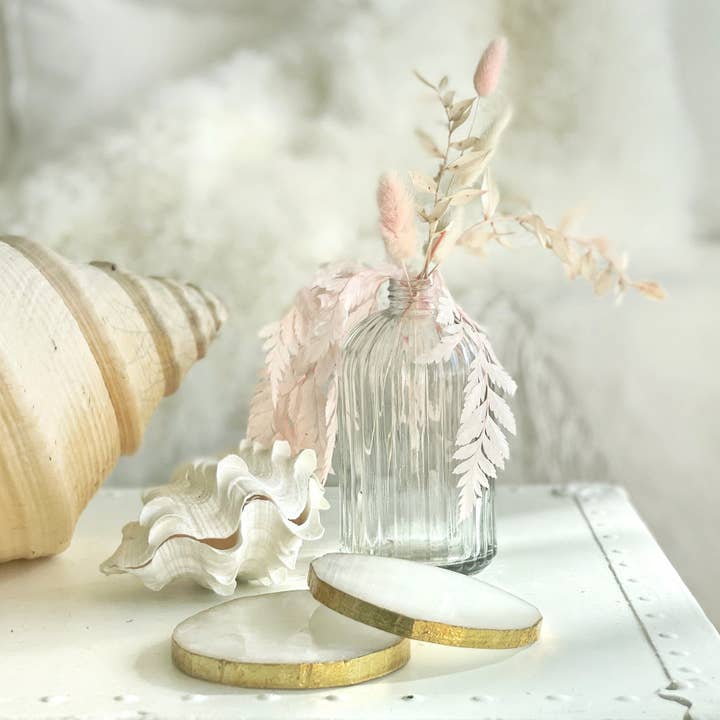 Zen Decor London – wholesale Coasters – White Quartz Round Agate electroplated coaster set1