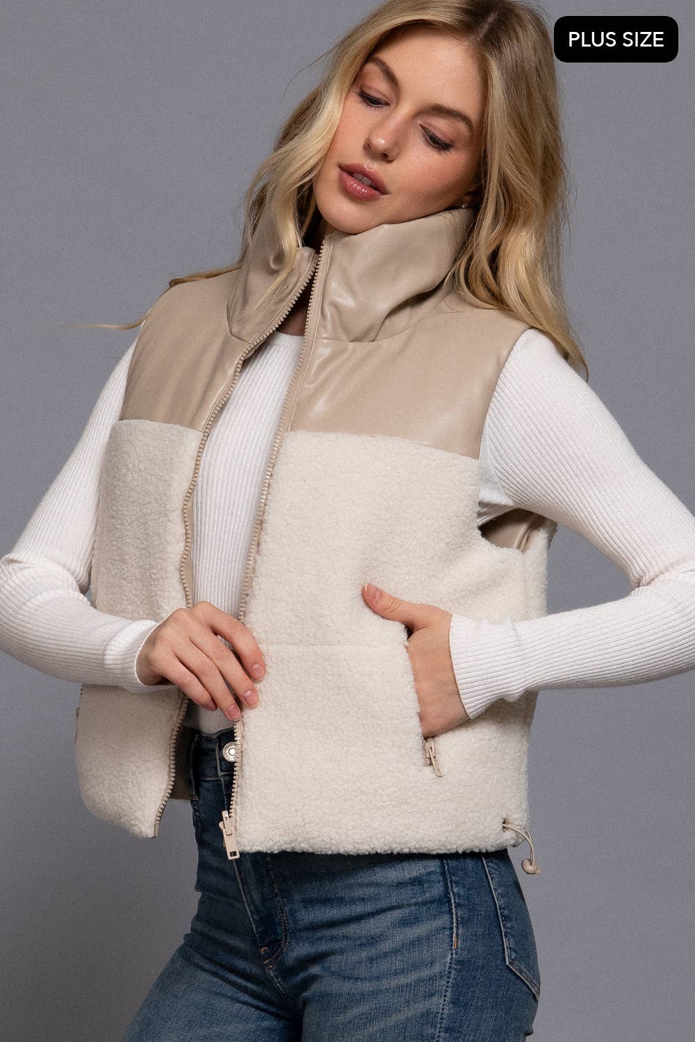 Active Basic | Active USA - Wholesale Outerwear Vest - Women's - [PLUS SIZE] Reversible Faux Leather-Sherpa Padding Crop Vest2