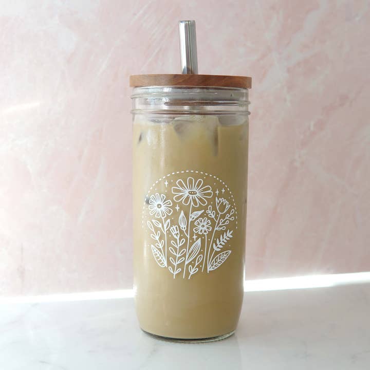 Forest Cove Home - Wholesale Drinking Glass/Cup - Wild Flowers Floral 22 oz Glass Tumbler + Top + Straw