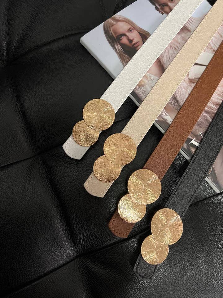 Womens vegan leather belt with gold buckle- thin belt for wholesale by Design company-Fatma Balkir