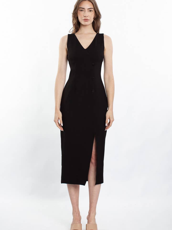 Faye Button Dress - Black - TW3732 for wholesale by Linore Collective