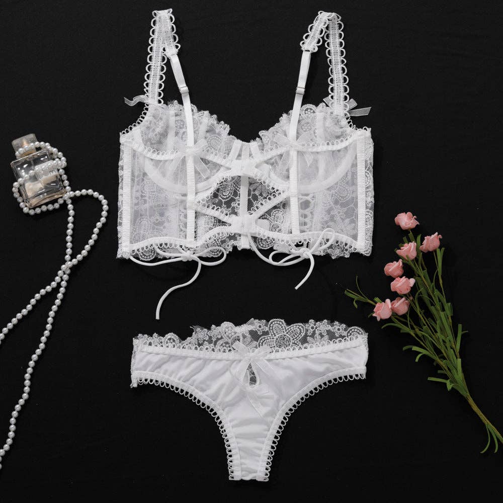 Hvid Damer Blomstret Broderi 2-delt Lingeri Korsetsæt SKLG4101 for engroshandel på Faire5
