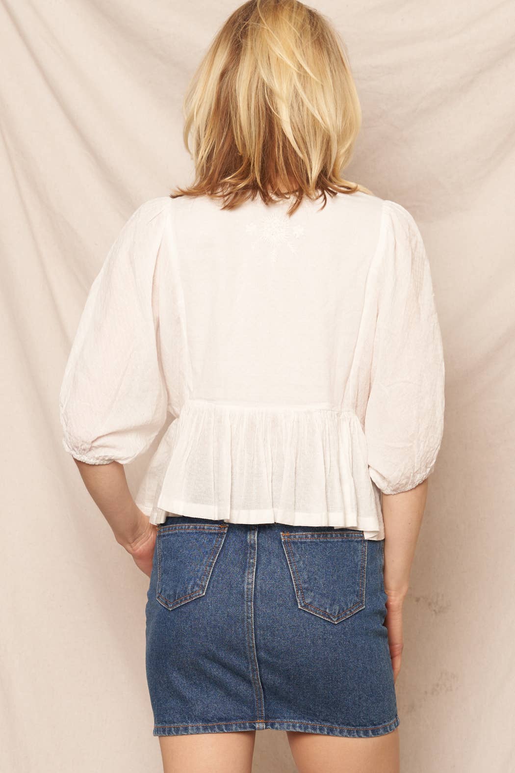 En Crème - Wholesale Blouse - Women's - Puff Sleeve Peplum Top with Embroidery Detail31