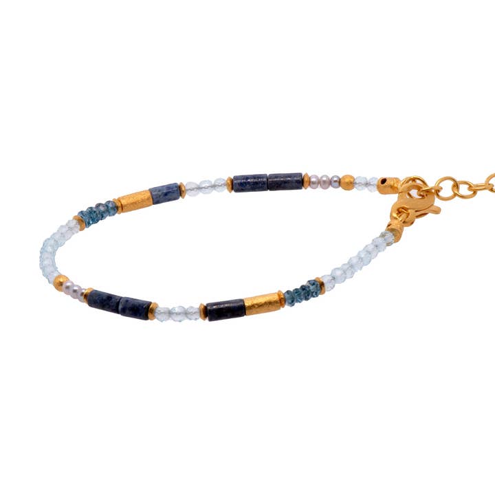 Dumortierite, Sky Blue Topaz, London Blue Topaz, and Pearls 3mm Bracelet 24K Fair Trade Gold Vermeil for wholesale by Joyla Jewelry