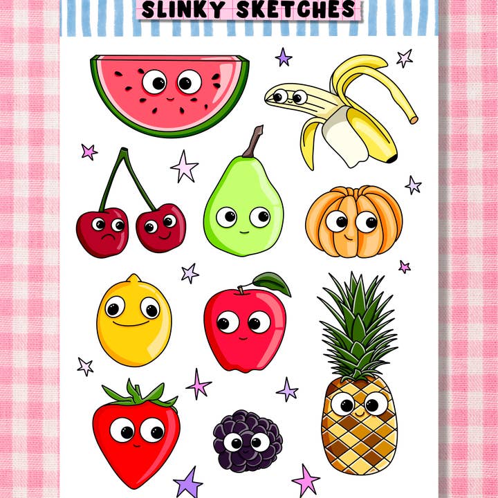 Googly Fruits Illustrerad A6 Klistermärkesark för wholesale av Slinky Sketches