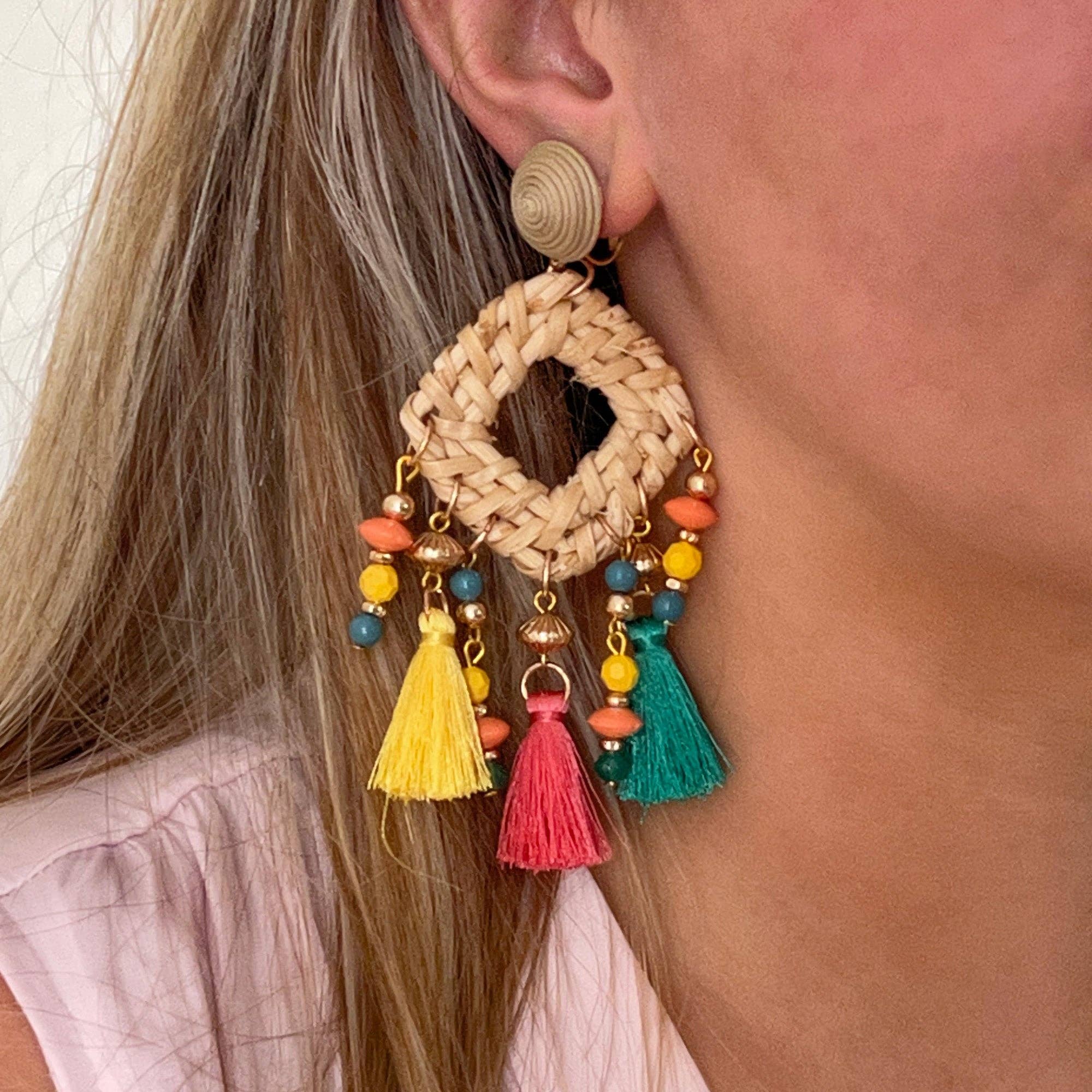 Global Crafts - Wholesale Dangle Earrings - Cane Earrings with Bright Tassels, PACK OF 31