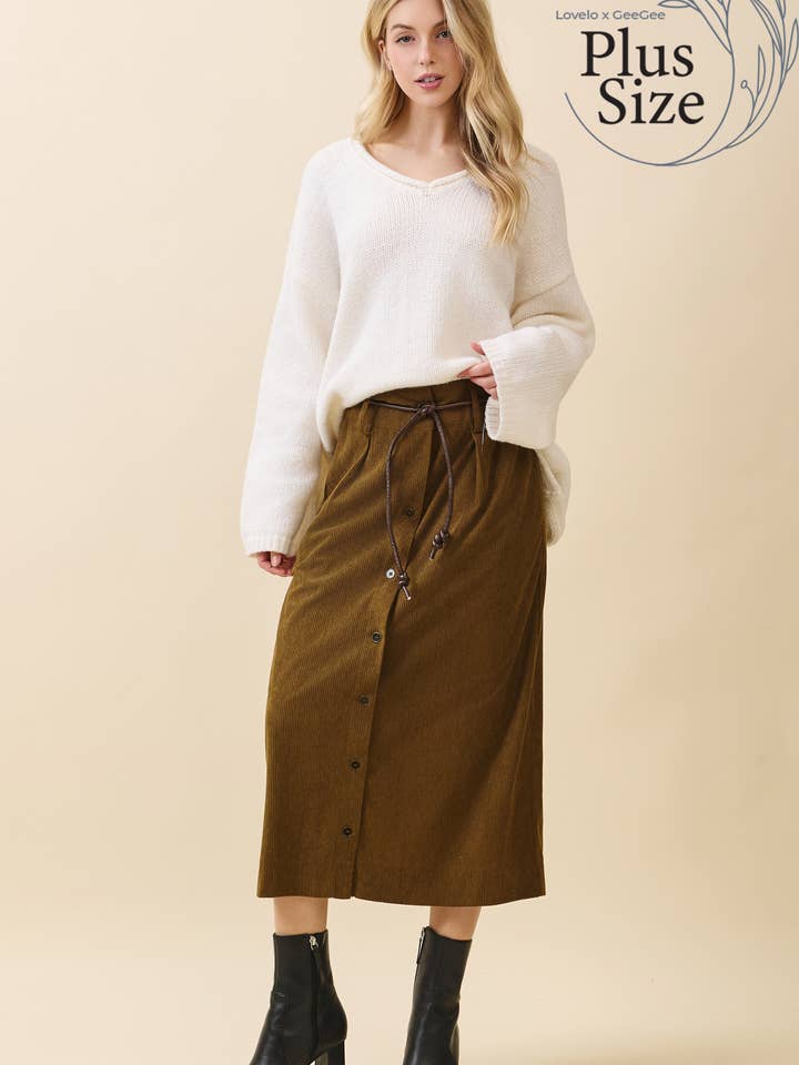 Plus Corduroy Midi Rok MS51749PL voor wholesale door GeeGee x Lovelo