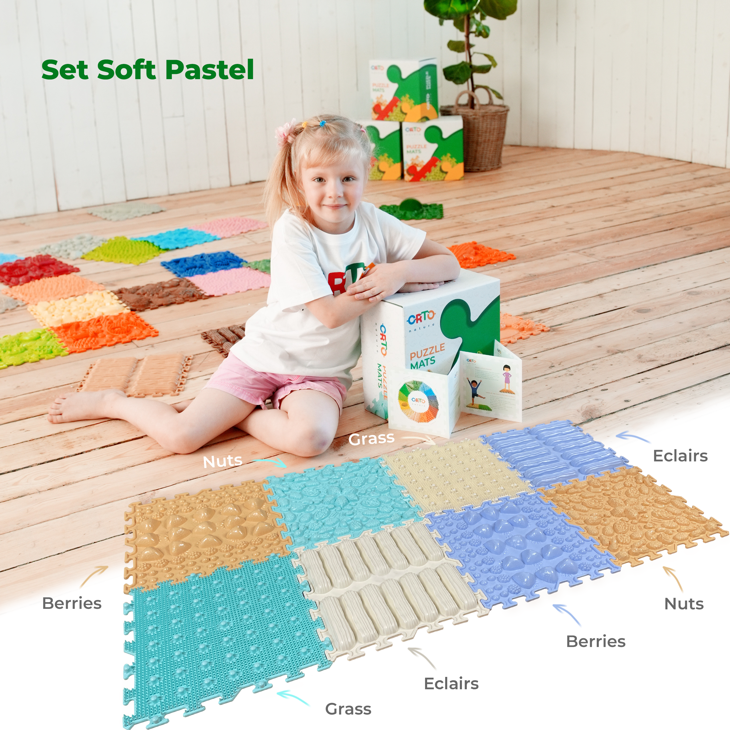ORTONATURE - Vente Puzzle – enfant - Tapis de puzzle sensoriel de massage - ensemble "Pastel Doux"1
