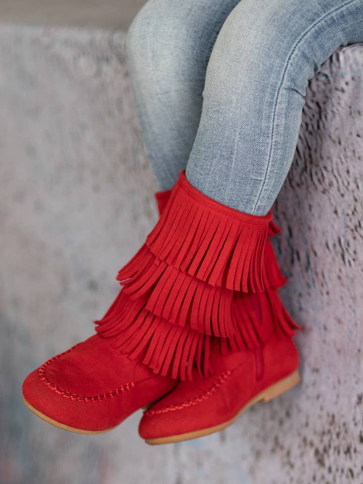 Red Suede Tiered Fringe Boots By Liv and Mia for wholesale on Faire2