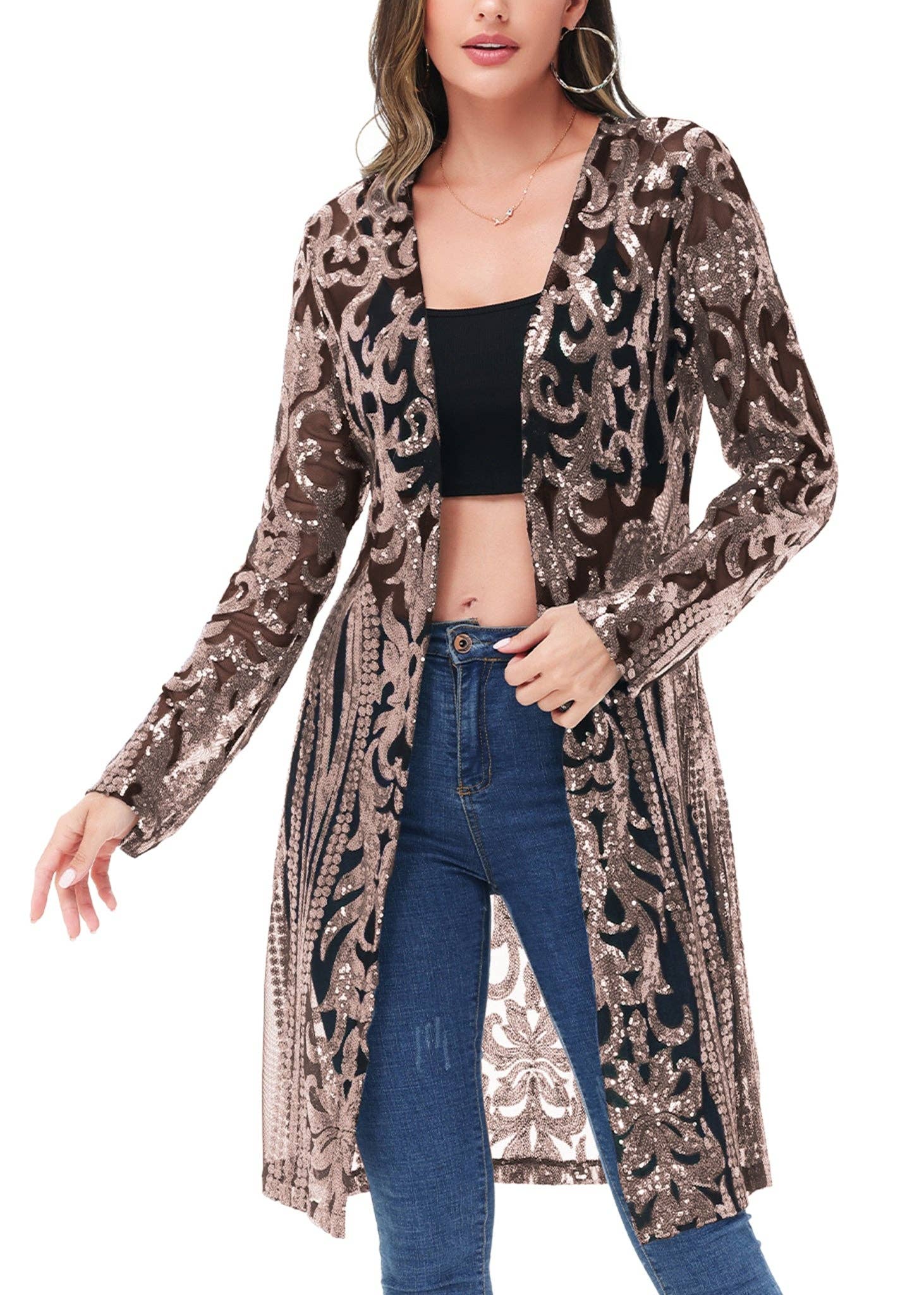 Anna Kaci Wholesale - Vente Kimono – femme - Cardigan à paillettes pour femmes à manches longues et ouvert sur le devant7