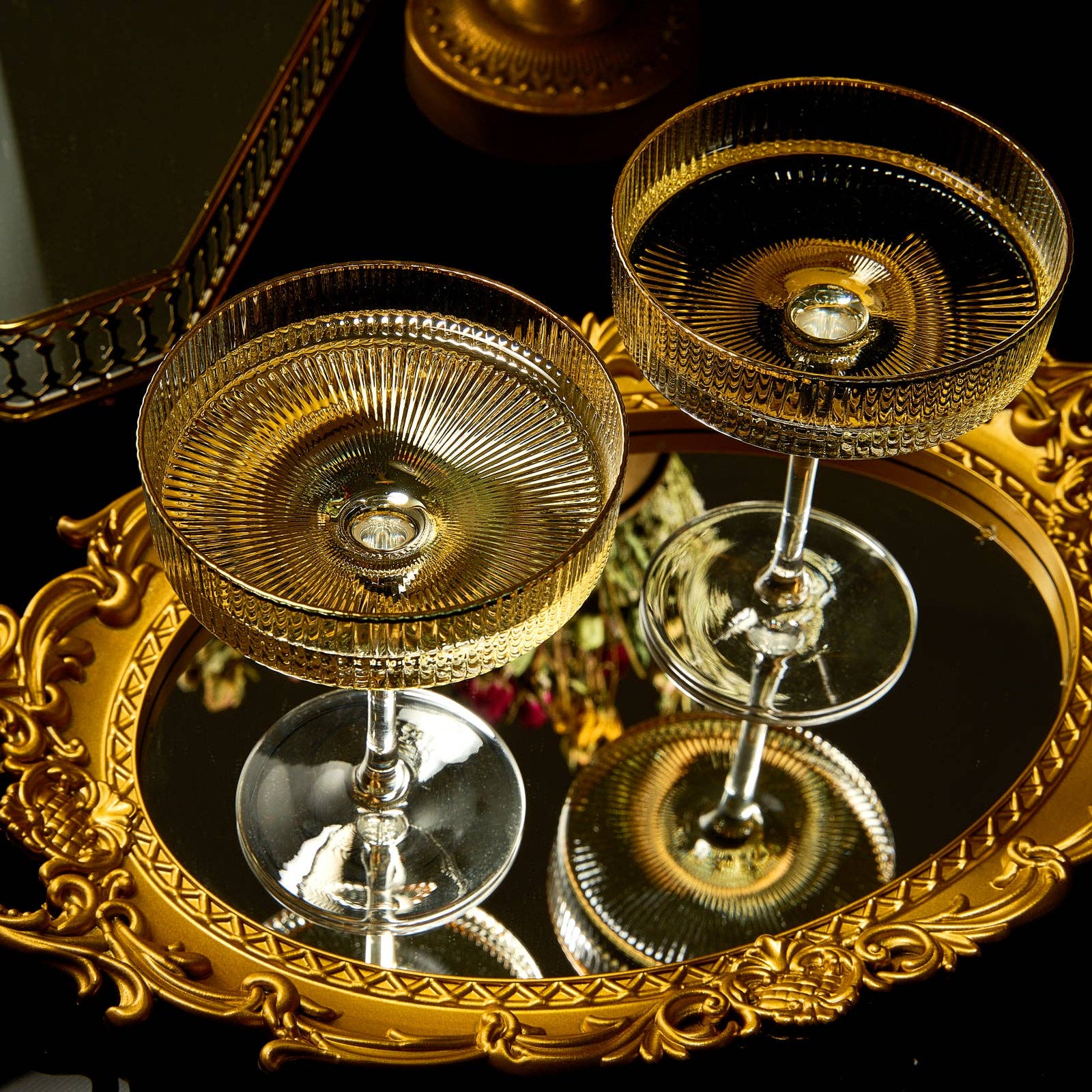 The Wine Savant /  Khen Glassware - Wholesale Cocktail/Liquor Glass - Ribbed Art Deco Gilded Crystal Coupe  Glasses | Set of 24