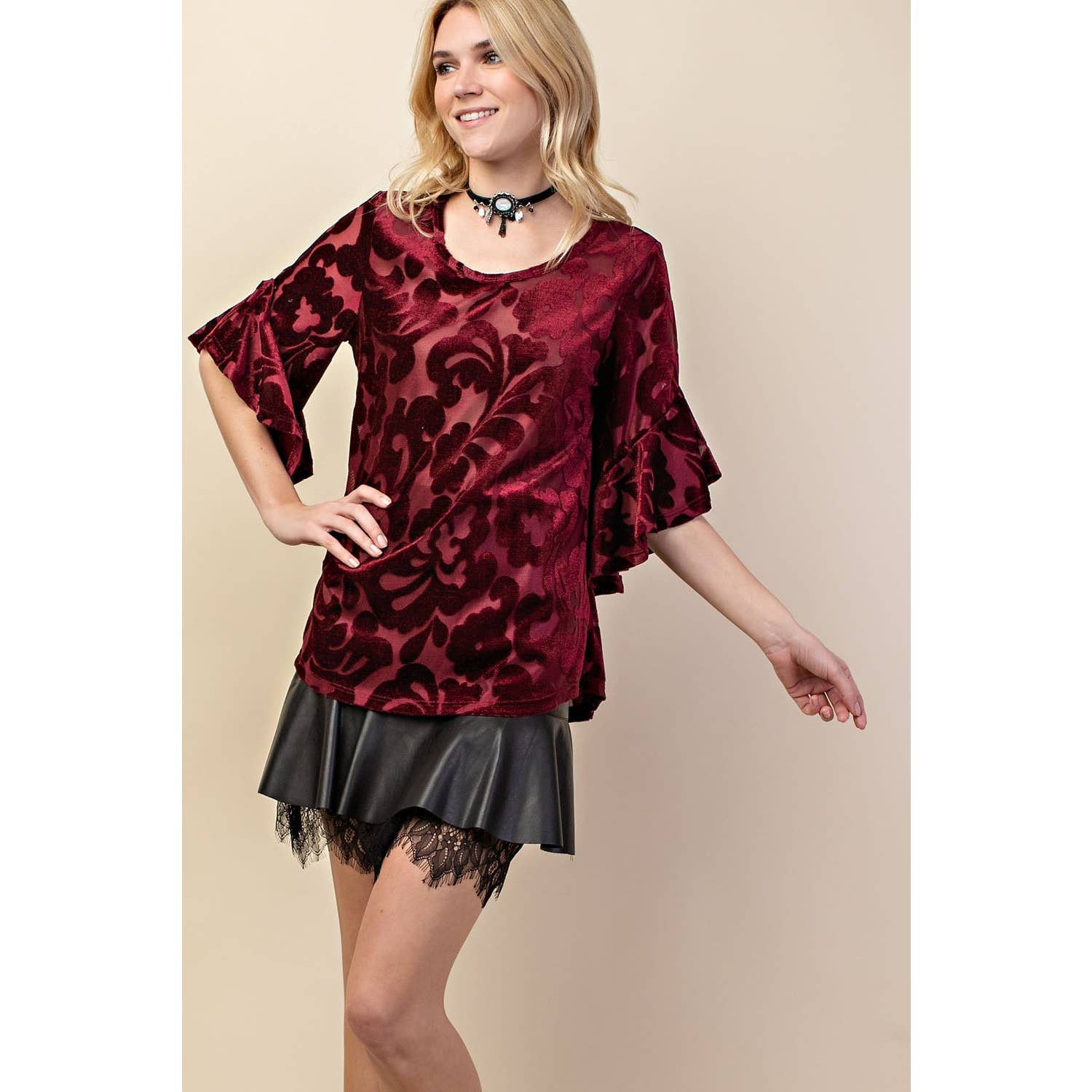 VOCAL - Wholesale Blouse - Women's - VELVET RUFFLE SLEEVE KNIT TOP11