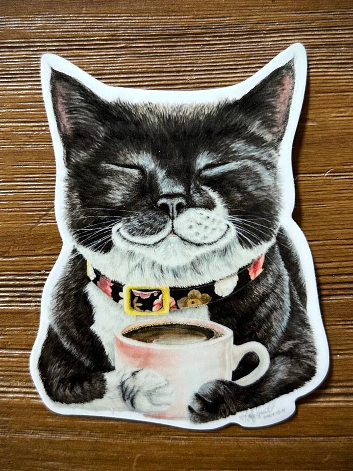 Cat Coffee Sticker animal vinyl for wholesale by Holly Simental