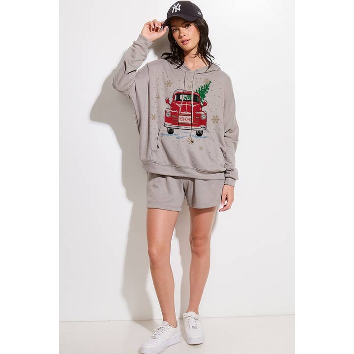 Phil Love – wholesale Mjukisset – Dam – Kort hoodie loungeklädesuppsättning med jullastbilstryck