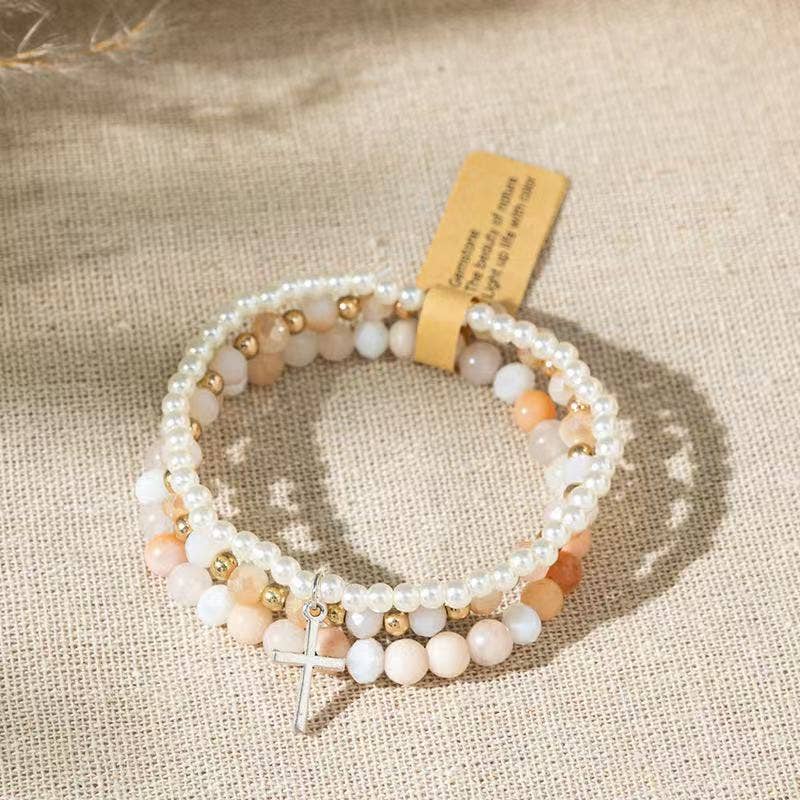 Purple Myrtle - Wholesale Beaded Bracelet - Cute Pink and White Cross Stackable Bracelet Christian