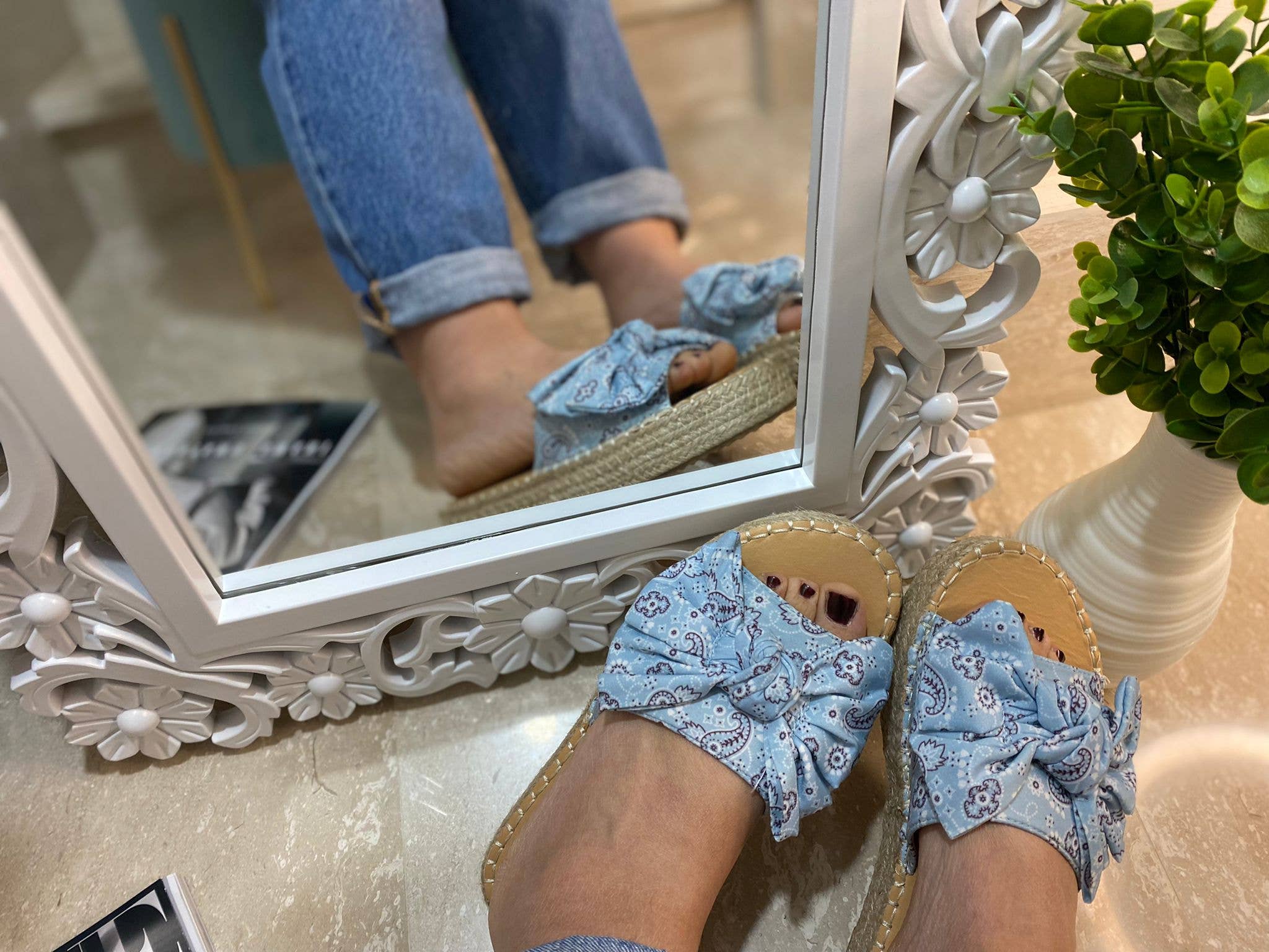 Vera Shop - Vente Sandales – femme - Sandale mule avec nœud en coton et semelle en raphia7