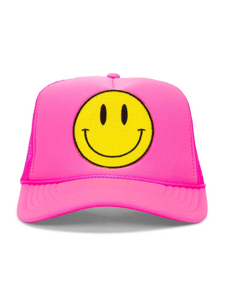 Happy Face Trucker Hat in Pink for wholesale by Friday Feelin'