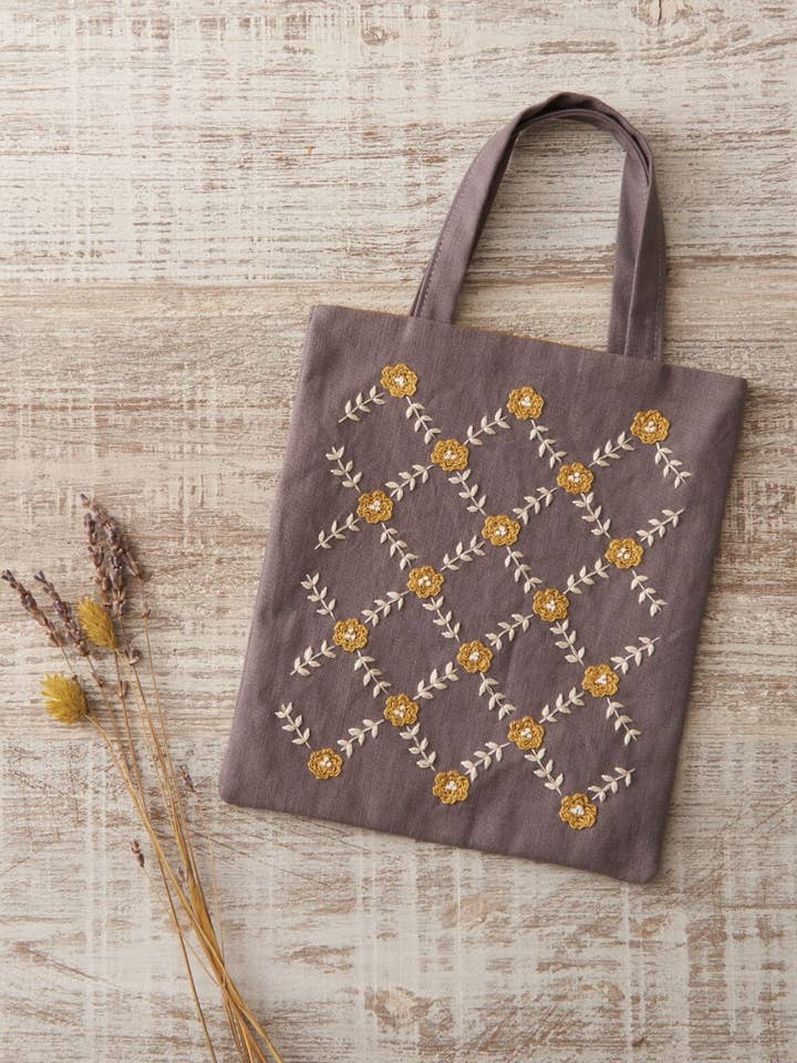 Botanical Embroidery Mini Tote Kit, Yellow Flower Design for wholesale by 「FUNJI」In Japan
