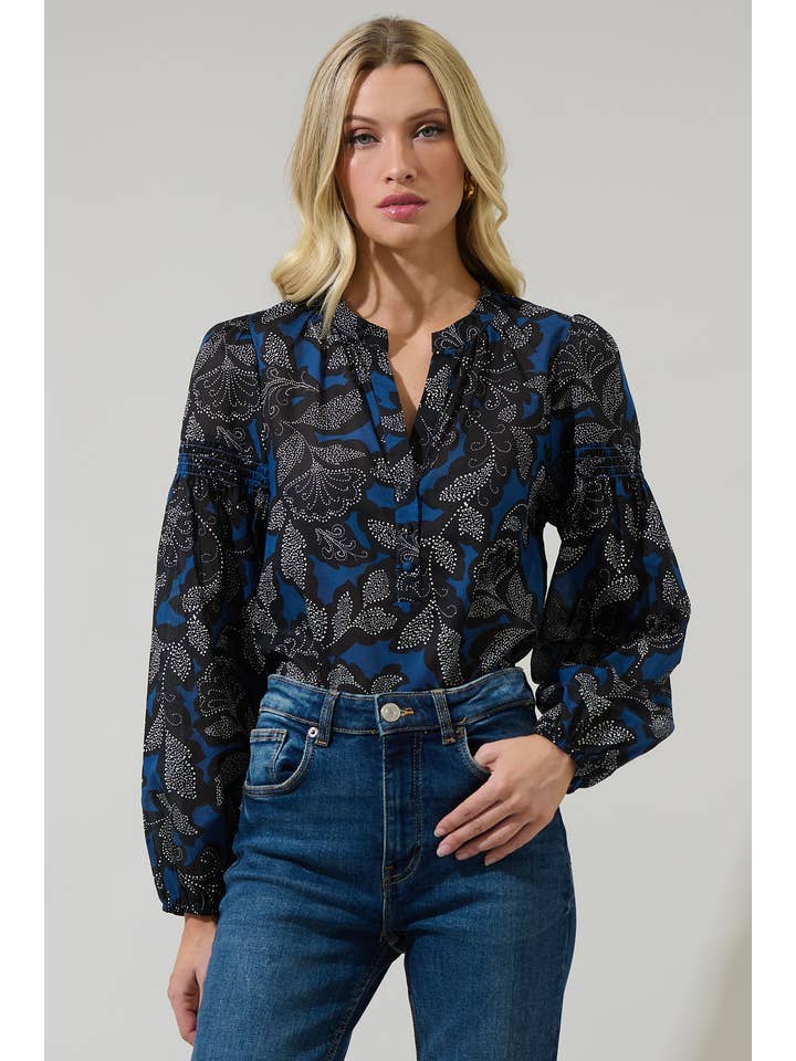 NAVY BLACK Aurina Floral Jamille Split Neck Poplin Top for wholesale on Faire