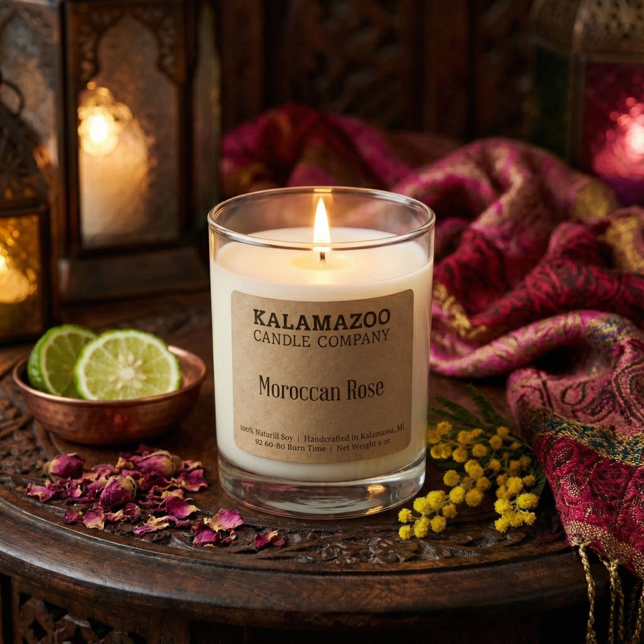 Kalamazoo Candle Company – Engroshandel Glaslys – Marokkansk Rose Sojalys 10oz - Håndhældt i Michigan
