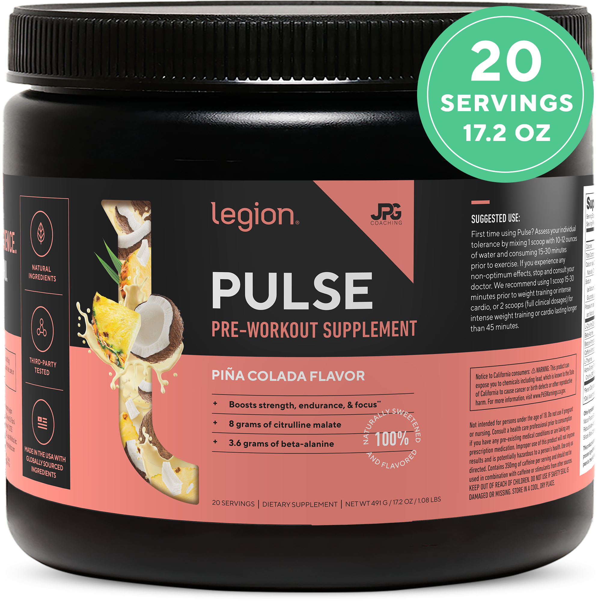 Legion Athletics, Inc. – wholesale Protein/superfood powder – Legion Pulse Natural Pre-Workout Supplement - 20 Servings (Piña Colada)10