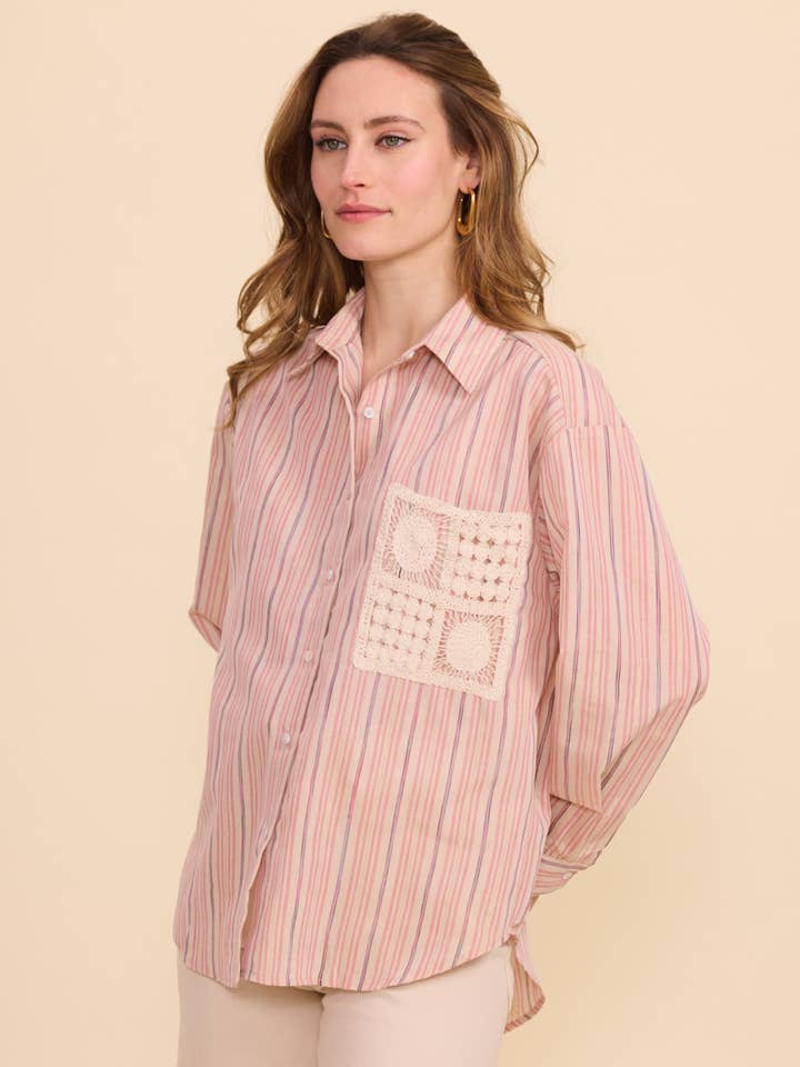 KY CREATION PARIS - Wholesale Button Down Shirt - Women's - Striped shirt with embroidered pocket6