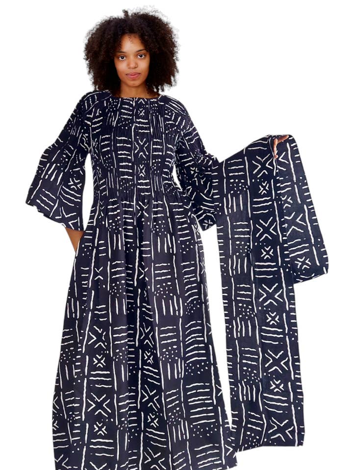 024 Women Long Printed Smocked Dress- Tribal Print for wholesale by India Batik