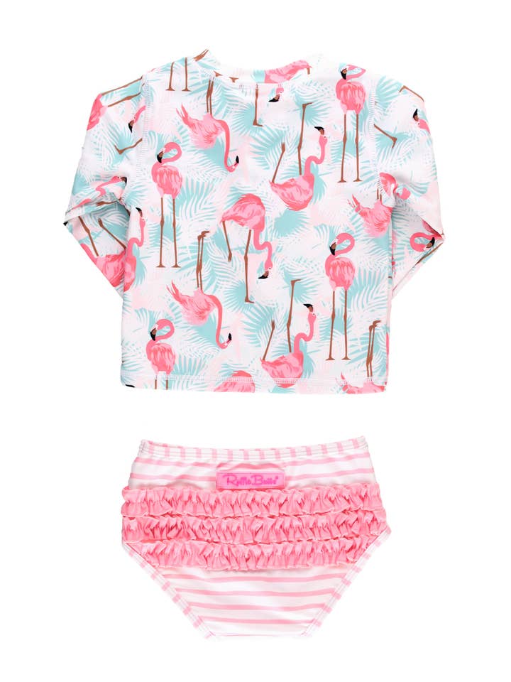 Meerdere kleuren Meisjes Levendige Flamingo Lange Mouw Rits Rash Guard 2-Delig Badpak met Kenmerkende Achterkant Ruches voor groothandel op Faire1