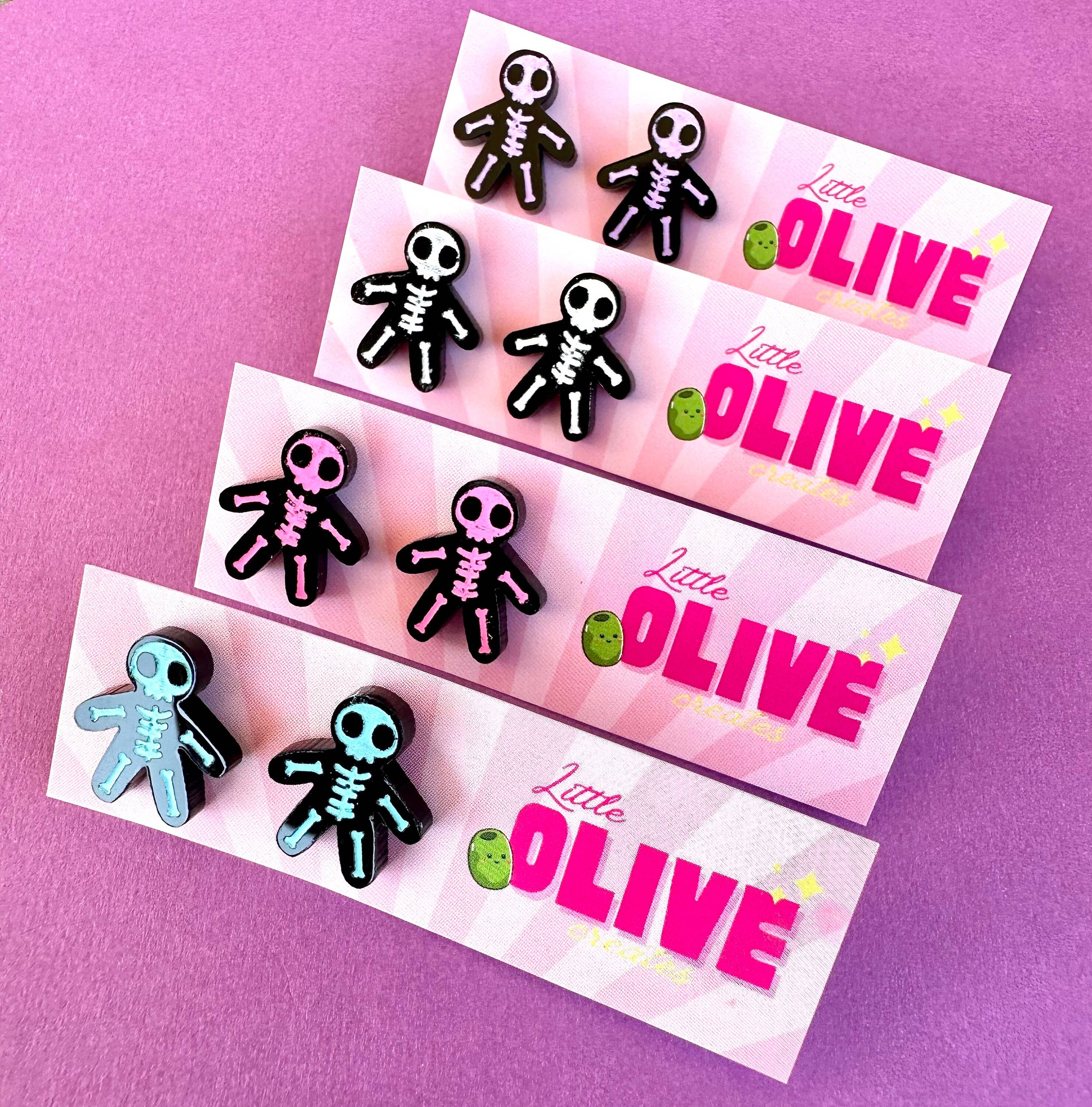 Little Olive Creates - Wholesale Stud/post earrings - Hand-Coloured Skeleton Stud Earrings for Halloween2