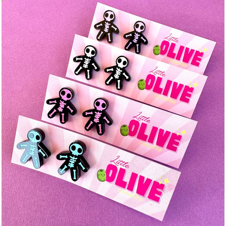 Little Olive Creates - Wholesale Stud/post earrings - Hand-Coloured Skeleton Stud Earrings for Halloween2