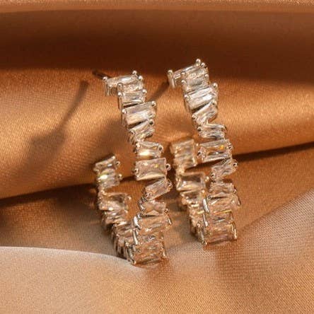 GOLD BAGUETTE RHINESTONE HOOP EARRINGS | 40E414 for wholesale on Faire1