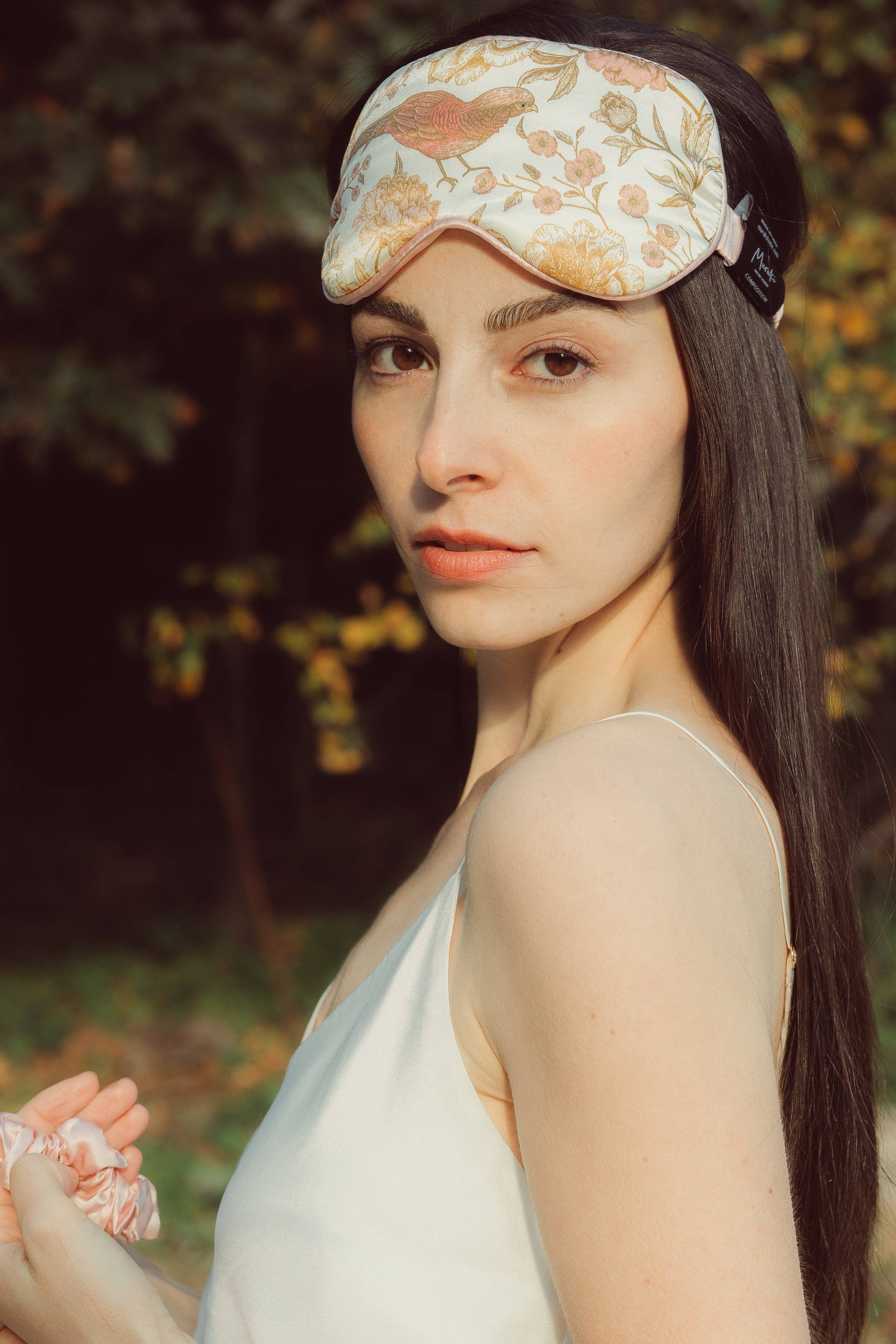 Muraki - Wholesale Sleep/Eye Mask - Pearl Pink Bird Printed Silk Eye Mask6