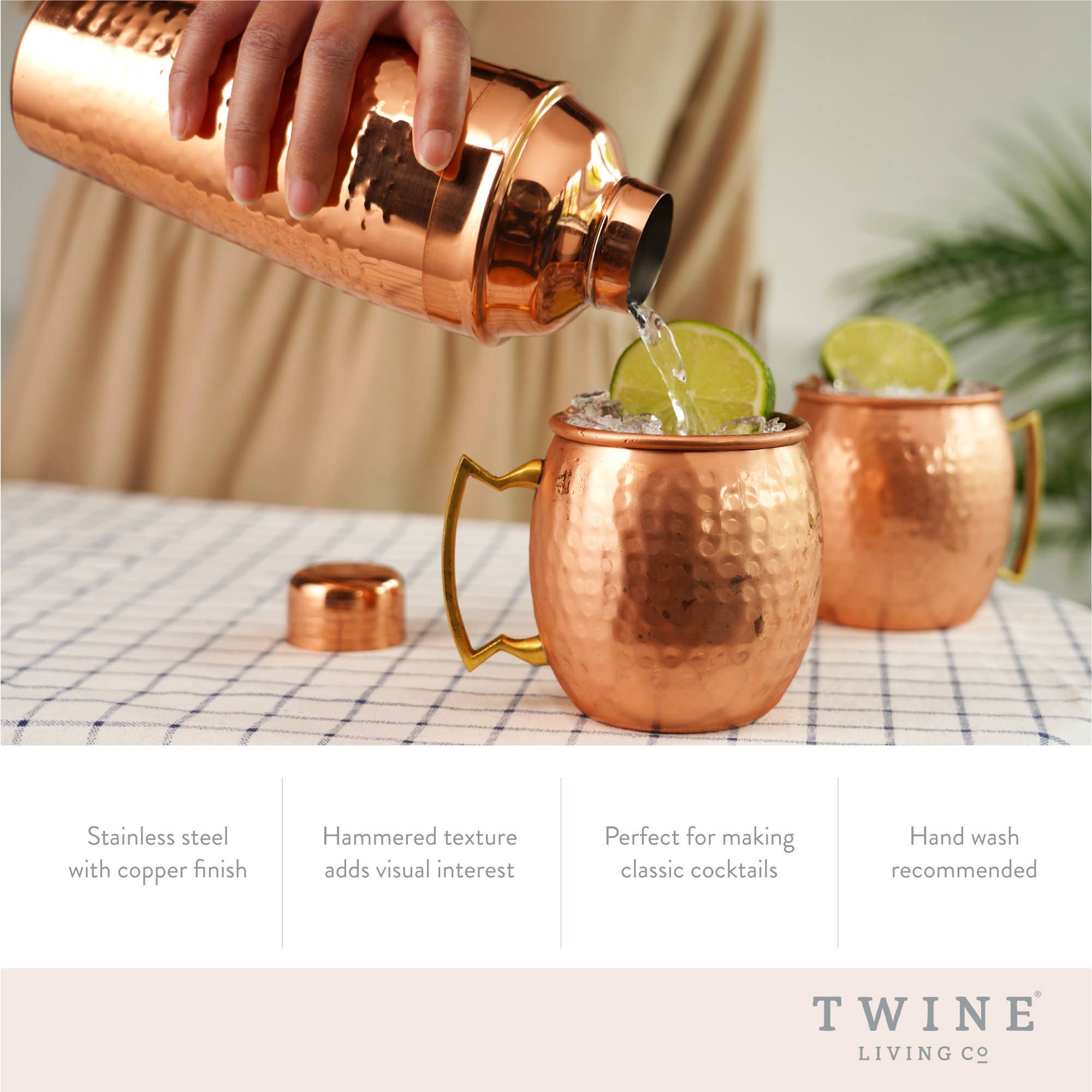 Twine - Wholesale Cocktail/Liquor Glass - Hammered Copper Plated Shaker and Moscow Mule Mugs Set of 34