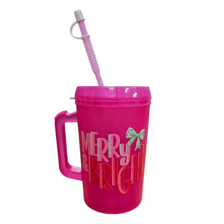 Scratch Decor - Wholesale Insulated Mug/Tumbler - Merry Bright Christmas Bow HIP SIPS Mega Trucker Mug 34oz