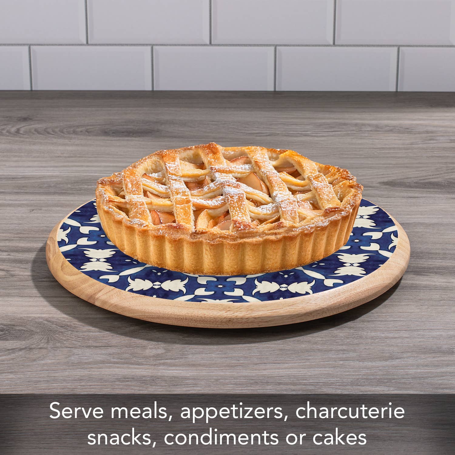 CounterArt/Highland Home/Thirstystone - Wholesale Lazy Susan - "White & Blue Tile" Rubber Wood Lazy Susan Turntable 14"2