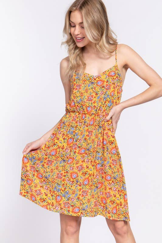 Active Basic | Active USA - Wholesale Dress - Women's - Round Neck Waist Shirring Floral Printed Woven4