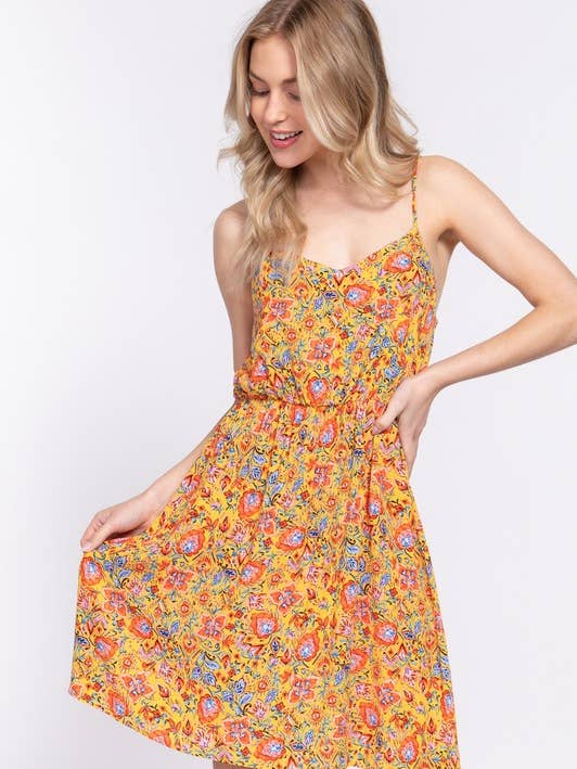 Active Basic | Active USA - Venta al por mayor Vestido - Mujer - Cuello redondo y cintura fruncida tejida con estampado floral1