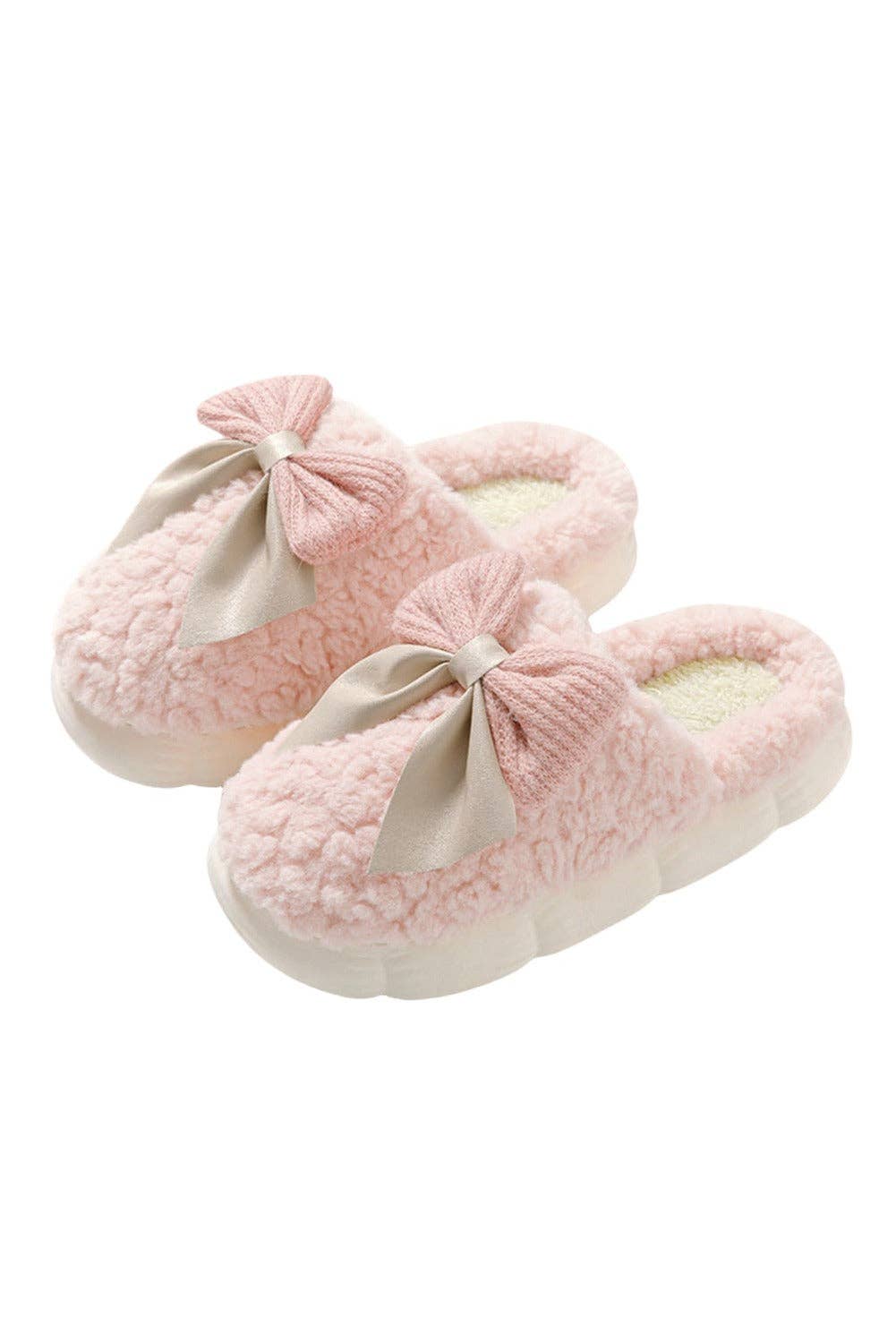 Lovesoft - Wholesale Slippers - Women's - White Contrast Bowknot Applique Plush Winter Slippers (Bow Colors May Differ by Batch)11