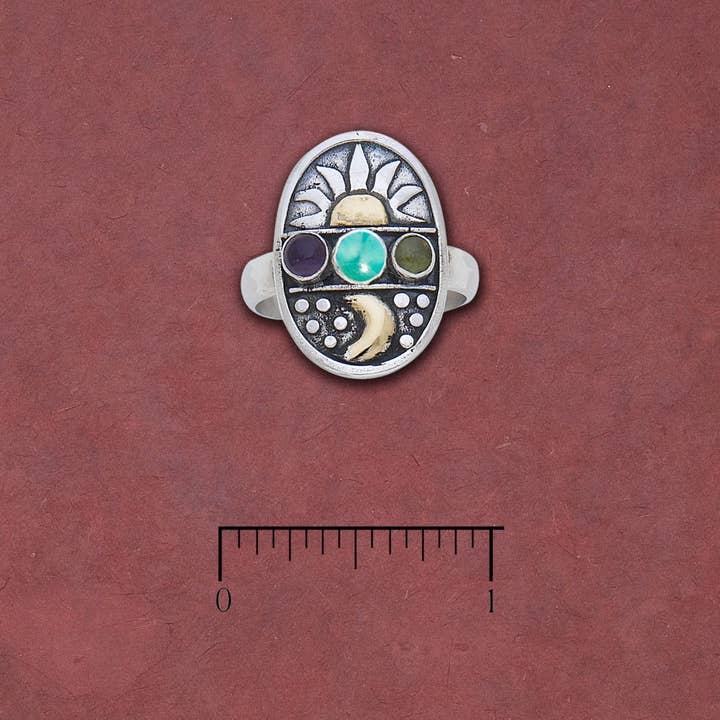 Anel Sol e Lua c/ cabinas Ametista, Larimar e Peridot por atacado de Tidepool